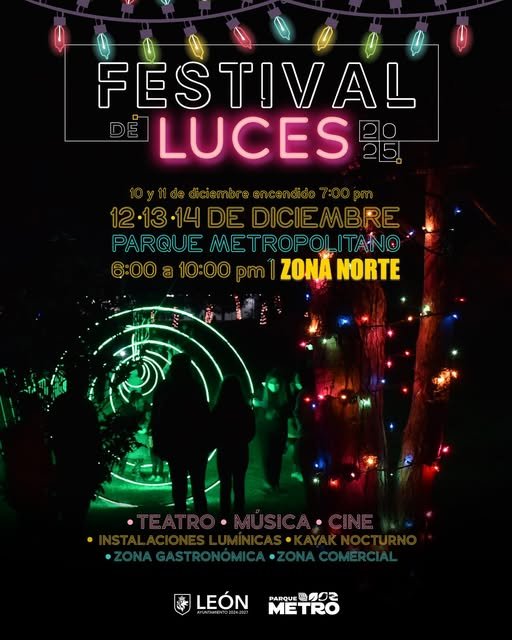 Cartel oficial del Festival de Luces León 2025 en Parque Metropolitano con horarios de Cinema Picnic y actividades gratuitas.