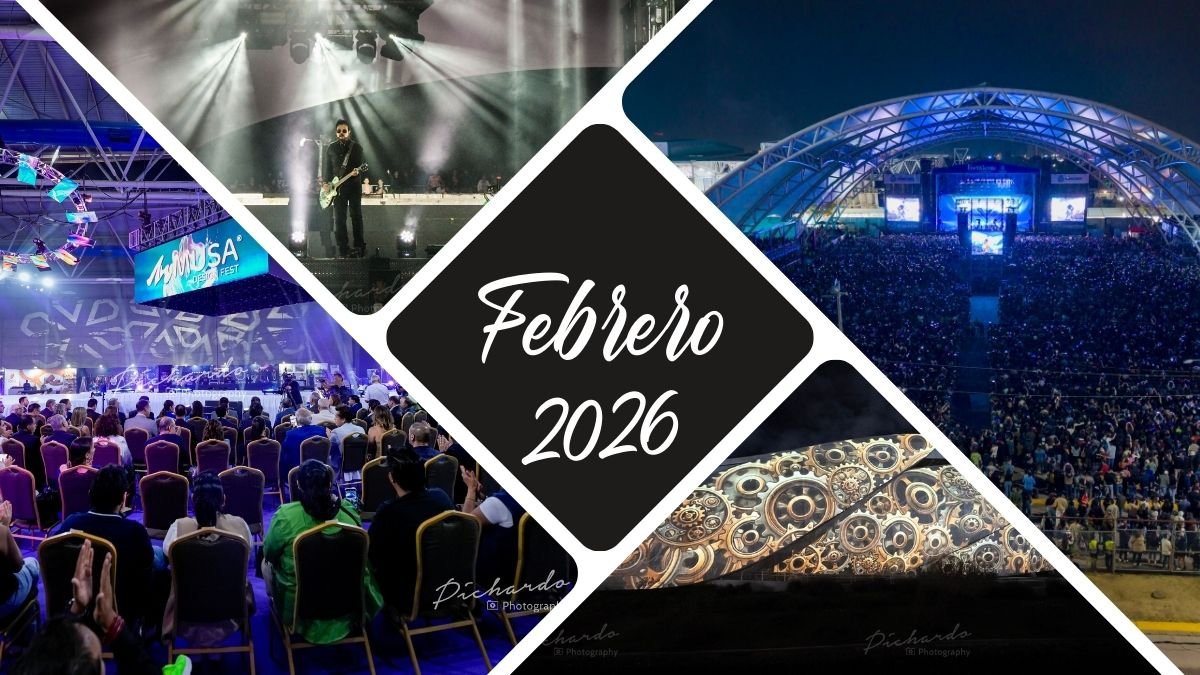 Collage agenda de eventos León Gto Febrero 2026: Conciertos en Velaria, Motofiesta y espectáculos en Poliforum León.